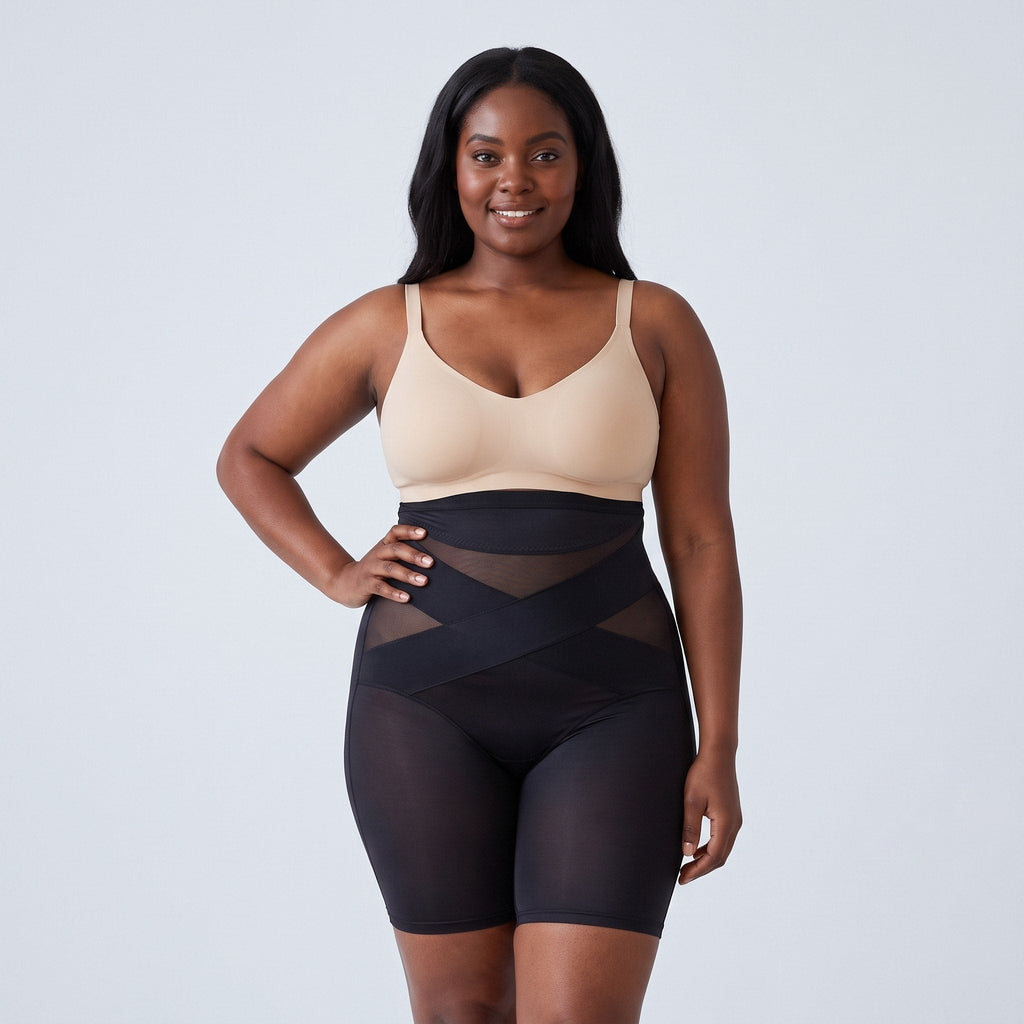 Studiofoto van een vrouw met een vol figuur in de zwarte shaping short