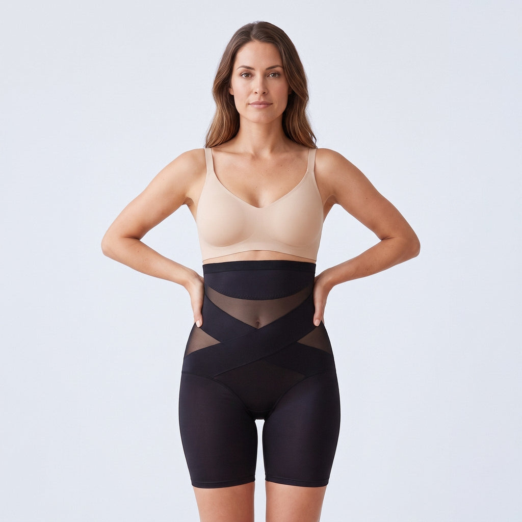 Studiofoto van een vrouw met de handen in de zij in de zwarte postpartum shaping short