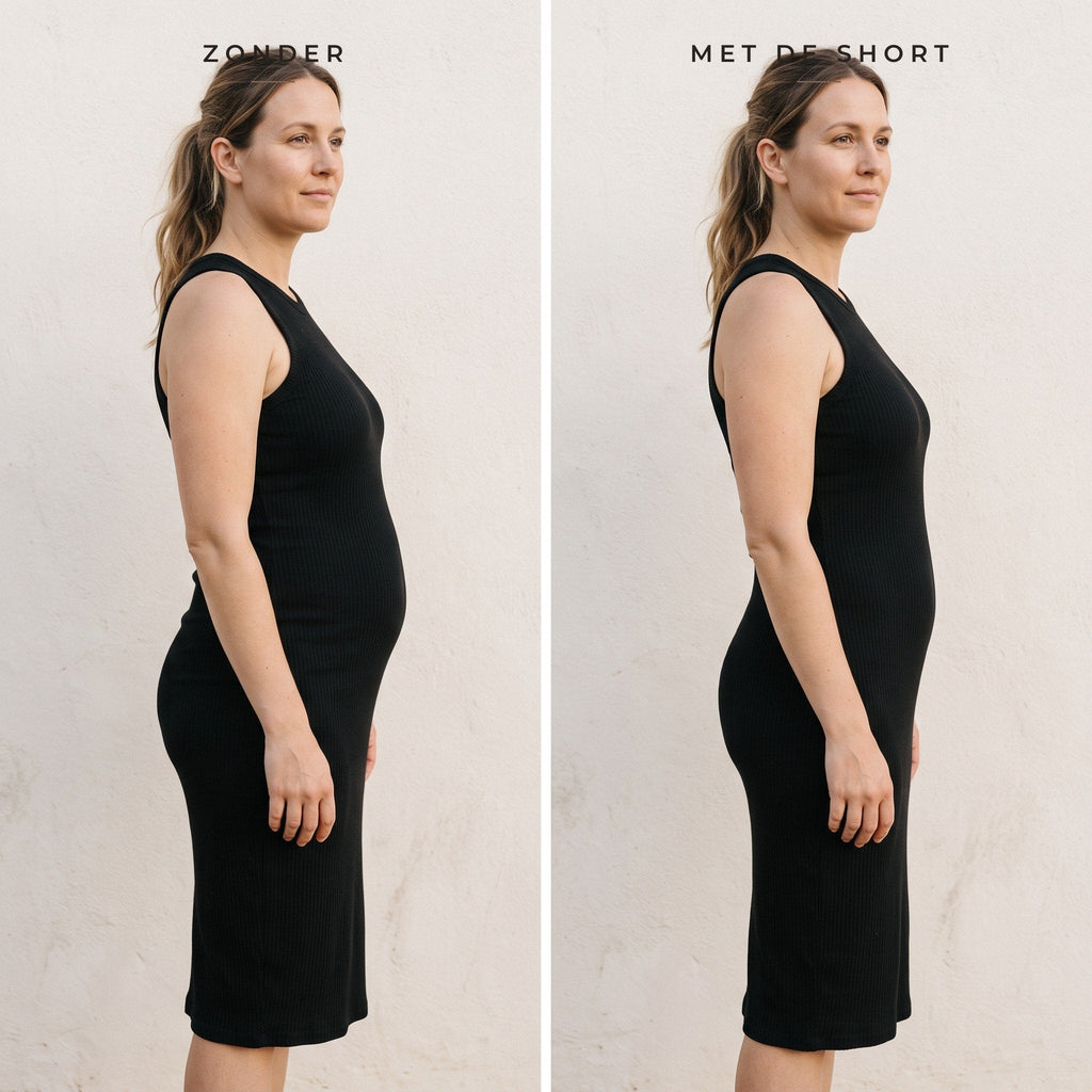 Dezelfde vrouw in een zwarte gebreide jurk, zonder en met de shaping short eronder
