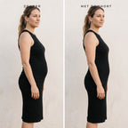 Dezelfde vrouw in een zwarte gebreide jurk, zonder en met de shaping short eronder
