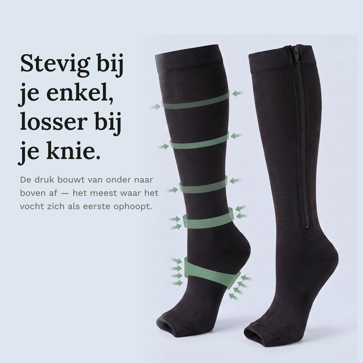 Zwarte compressiekousen met groene banden en pijlen die laten zien dat de druk het stevigst is bij de enkel en afneemt naar de knie