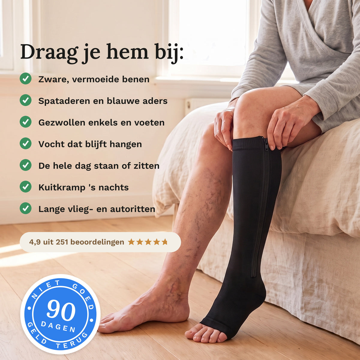 Zeven klachten waarvoor mensen de compressiekous met rits dragen, naast een been met spataderen
