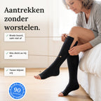 Vrouw op de rand van een bed trekt de rits van een zwarte open-teen compressiekous omhoog, met drie punten en de 90 dagen geld-terug-sticker