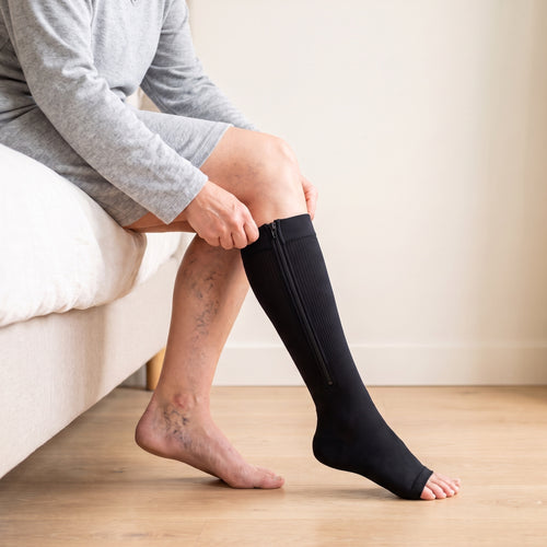 Been met duidelijke spataderen naast een been dat de zwarte compressiekous met rits draagt, van dichtbij