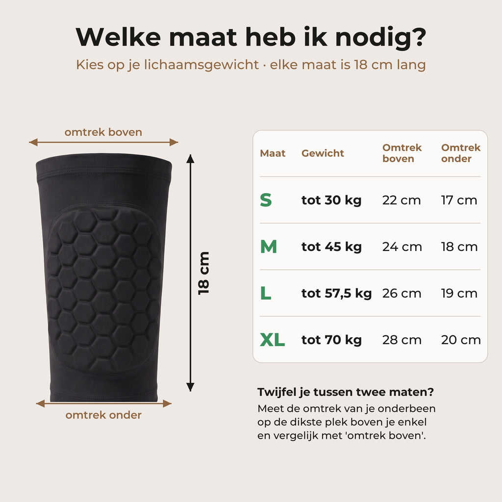 Maattabel scheenbeschermer: S tot 30 kg, M tot 45 kg, L tot 57,5 kg, XL tot 70 kg; elke maat 18 cm lang, met omtrek boven en onder per maat