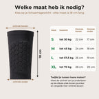 Maattabel scheenbeschermer: S tot 30 kg, M tot 45 kg, L tot 57,5 kg, XL tot 70 kg; elke maat 18 cm lang, met omtrek boven en onder per maat