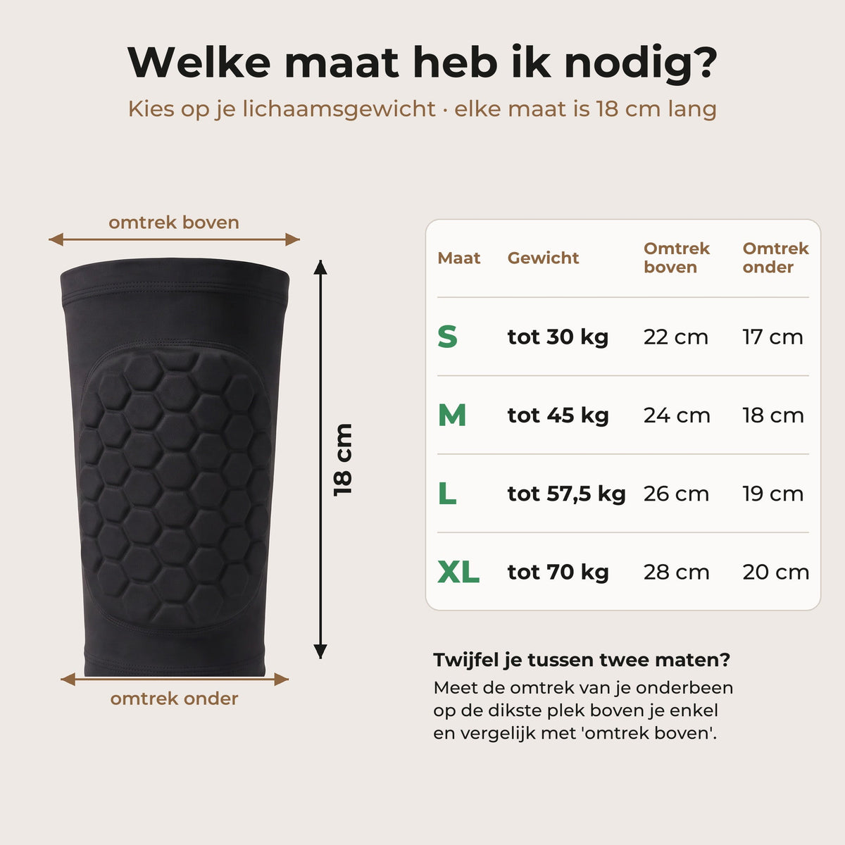 Maattabel scheenbeschermer: S tot 30 kg, M tot 45 kg, L tot 57,5 kg, XL tot 70 kg; elke maat 18 cm lang, met omtrek boven en onder per maat