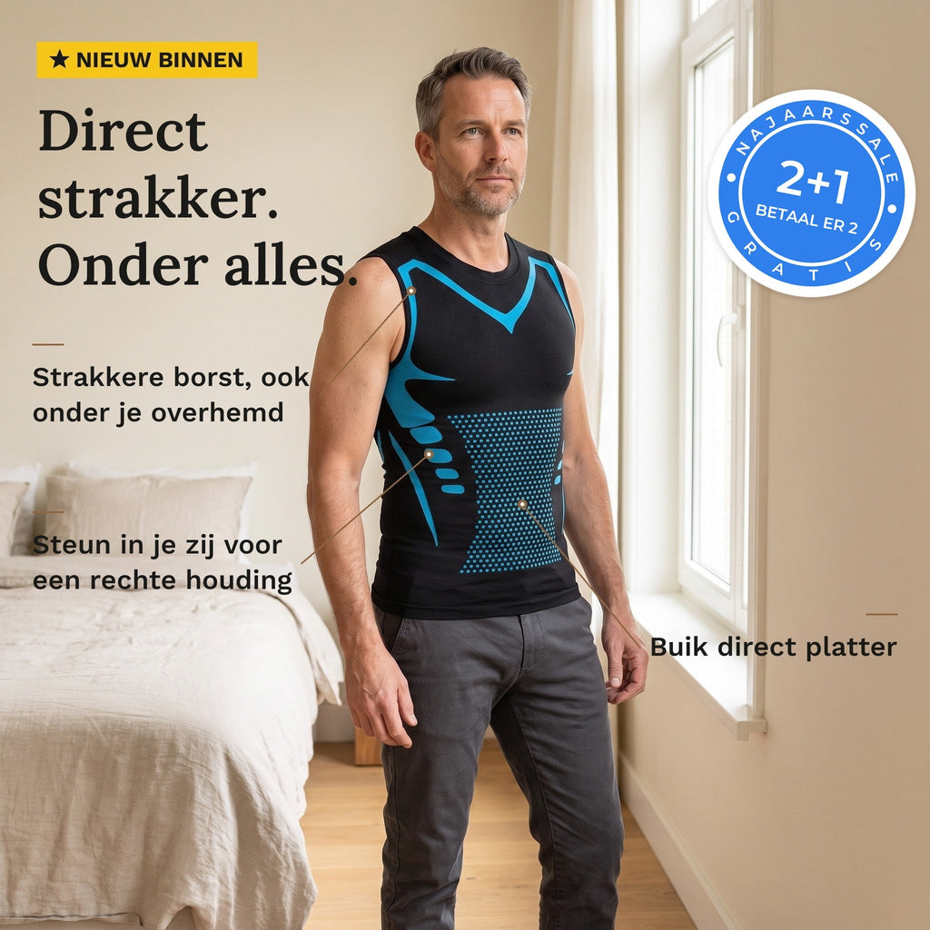 Man in een lichte slaapkamer draagt het zwarte shaping shirt met blauwe accenten, met pijlen naar borst, zij en buikpaneel en een blauw zegel: najaarssale 2+1 gratis