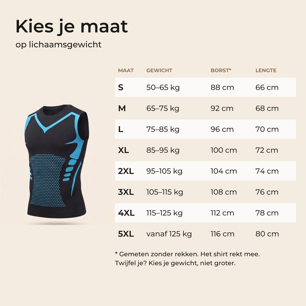 Maattabel van S tot 5XL met lichaamsgewicht, borstomvang van het shirt en lengte in centimeters naast het zwarte shaping shirt