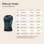 Maattabel van S tot 5XL met lichaamsgewicht, borstomvang van het shirt en lengte in centimeters naast het zwarte shaping shirt
