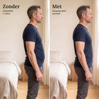 Dezelfde man in zijaanzicht in een blauw T-shirt, links zonder en rechts met het shaping shirt eronder: buik platter en rechtere houding