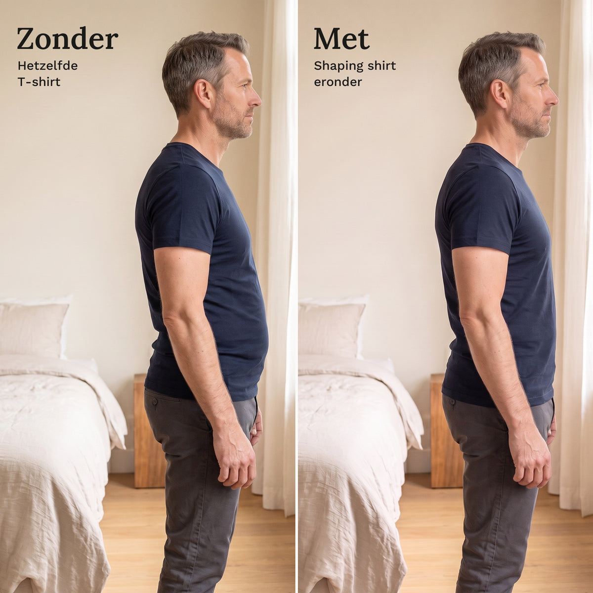 Dezelfde man in zijaanzicht in een blauw T-shirt, links zonder en rechts met het shaping shirt eronder: buik platter en rechtere houding