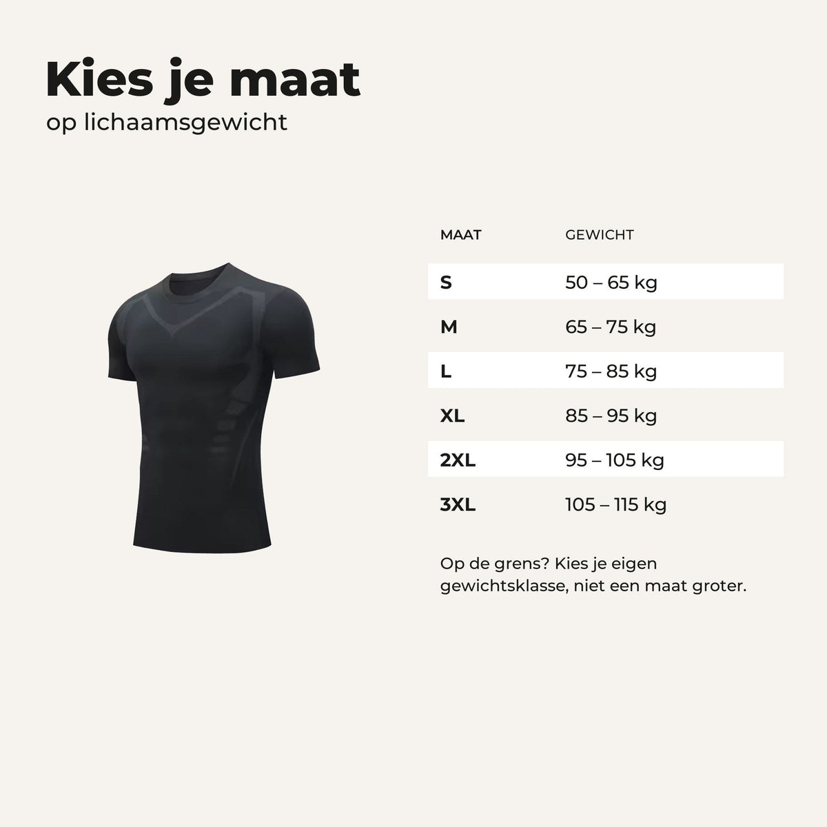 Maattabel op lichaamsgewicht, S tot en met 3XL