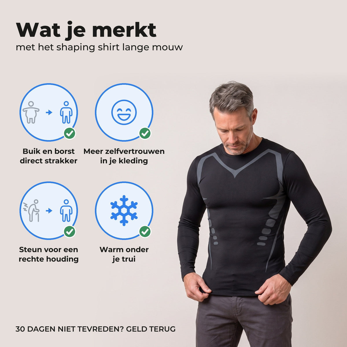Man trekt het zwarte shaping shirt met lange mouwen recht, met vier voordelen in iconen