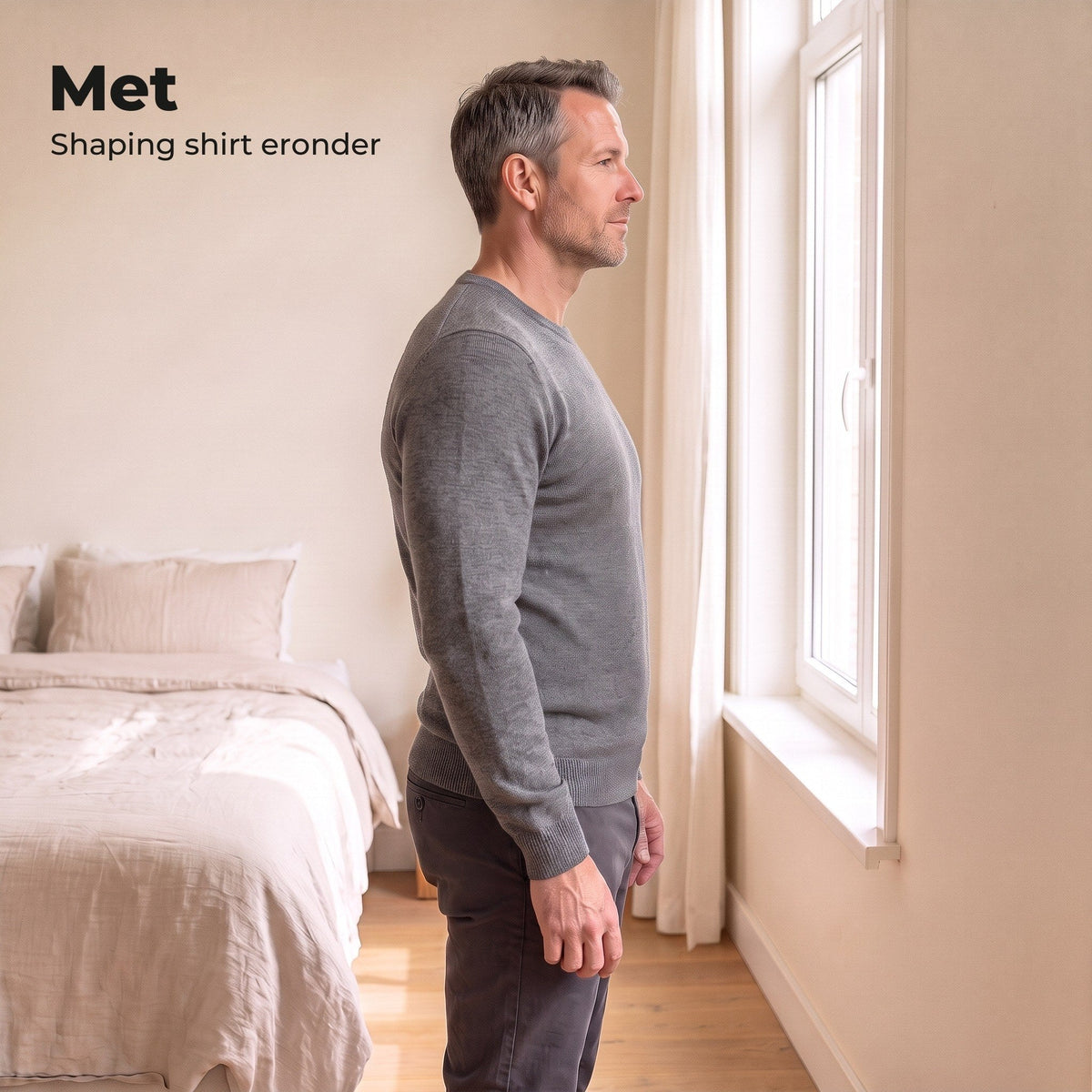 Dezelfde man in dezelfde trui met het shaping shirt eronder, plattere buik