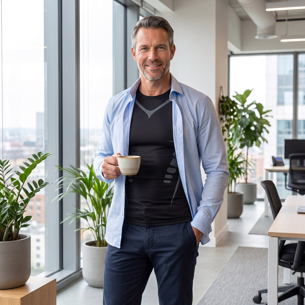 Man op kantoor met open lichtblauw overhemd over het zwarte shaping shirt