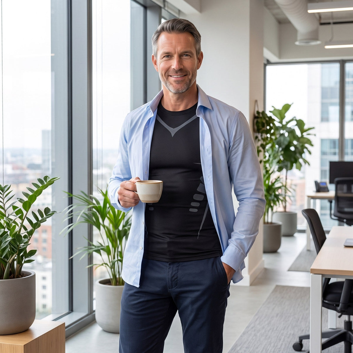Man op kantoor met open lichtblauw overhemd over het zwarte shaping shirt
