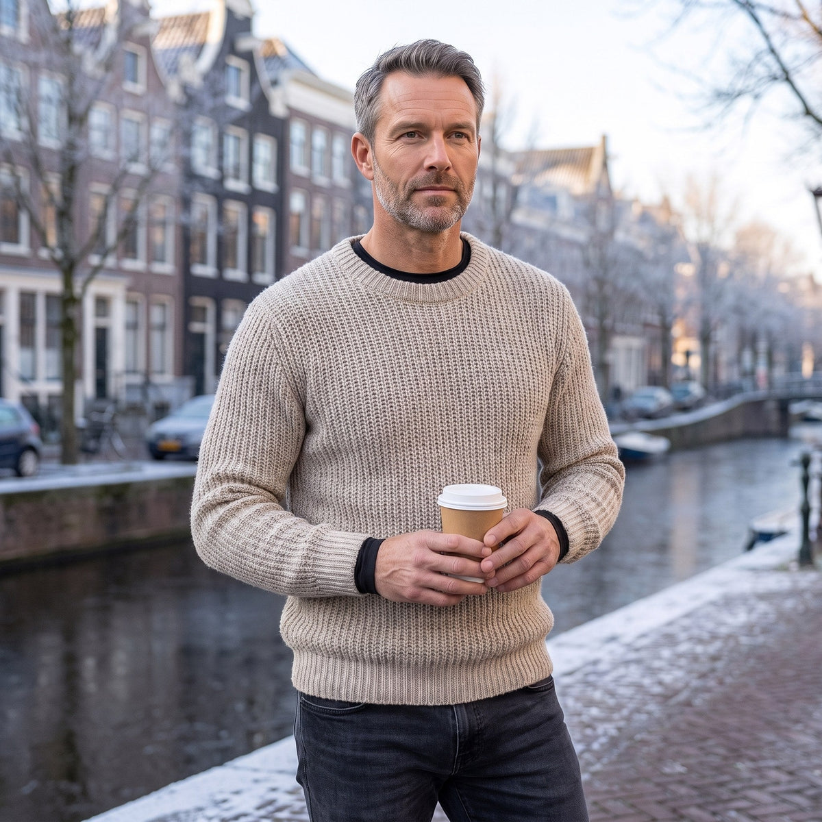 Man in een wollen trui aan een gracht in de winter, het zwarte shirt eronder