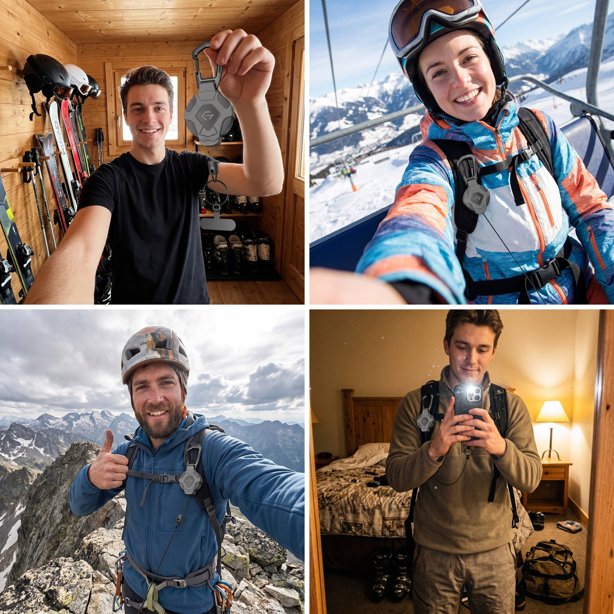 Vier selfies met de koordrol: in een skihut, in de stoeltjeslift, op een bergtop en in een hotelkamer