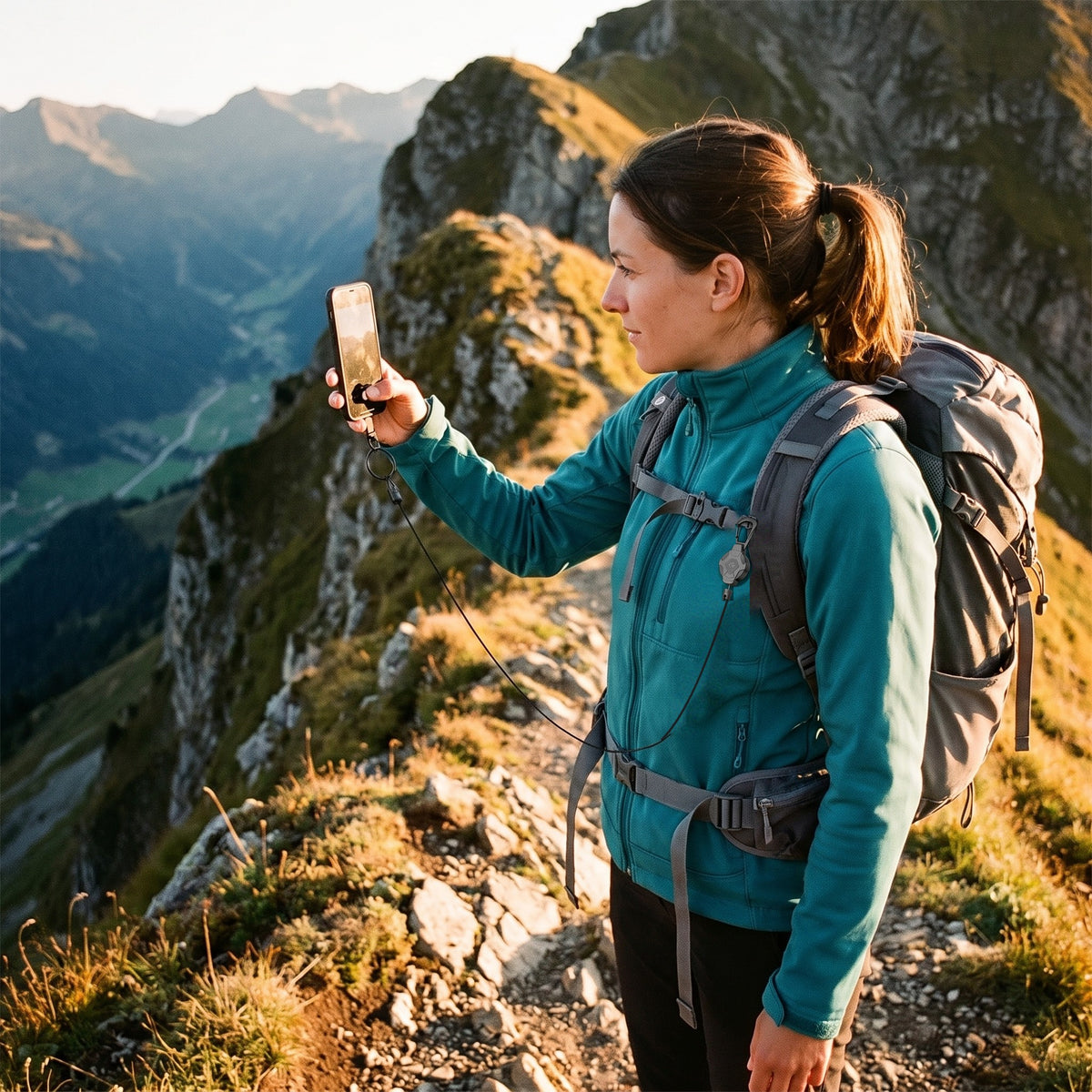 Wandelaarster op een smalle bergkam maakt een foto, haar telefoon zit met een koord vast aan de rol op haar rugzakband