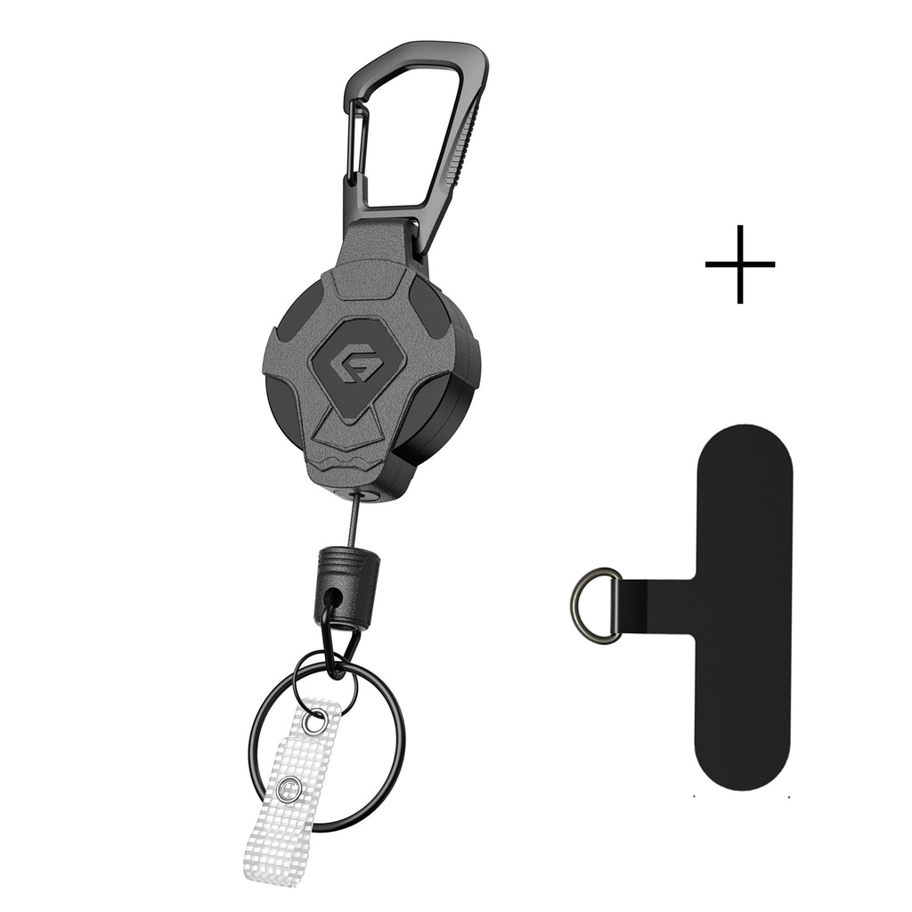Koordrol met karabiner, ring en telefoonplaatje op een witte achtergrond