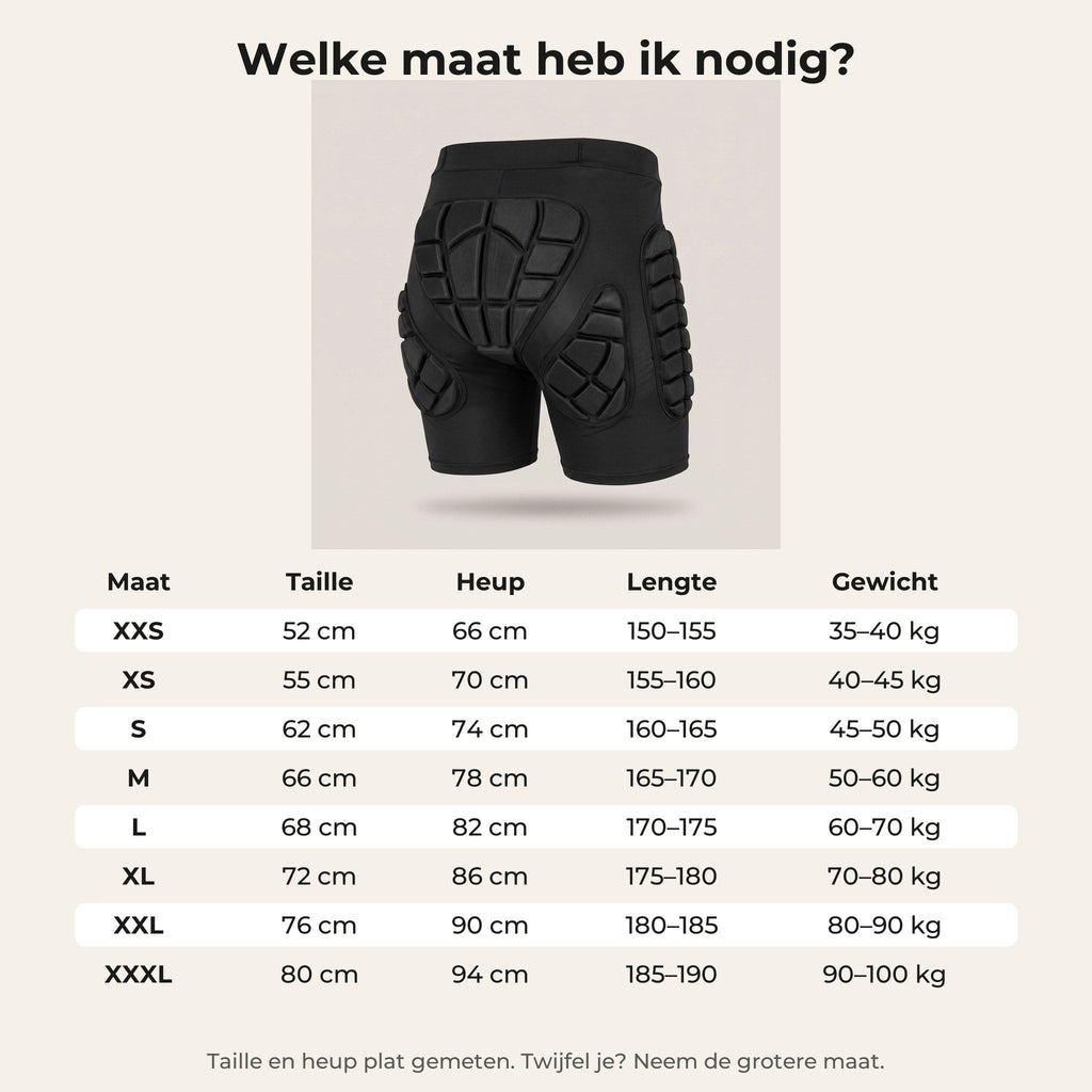 Maattabel van de valschort, maat XXS tot en met XXXL met taille, heup, lengte en gewicht