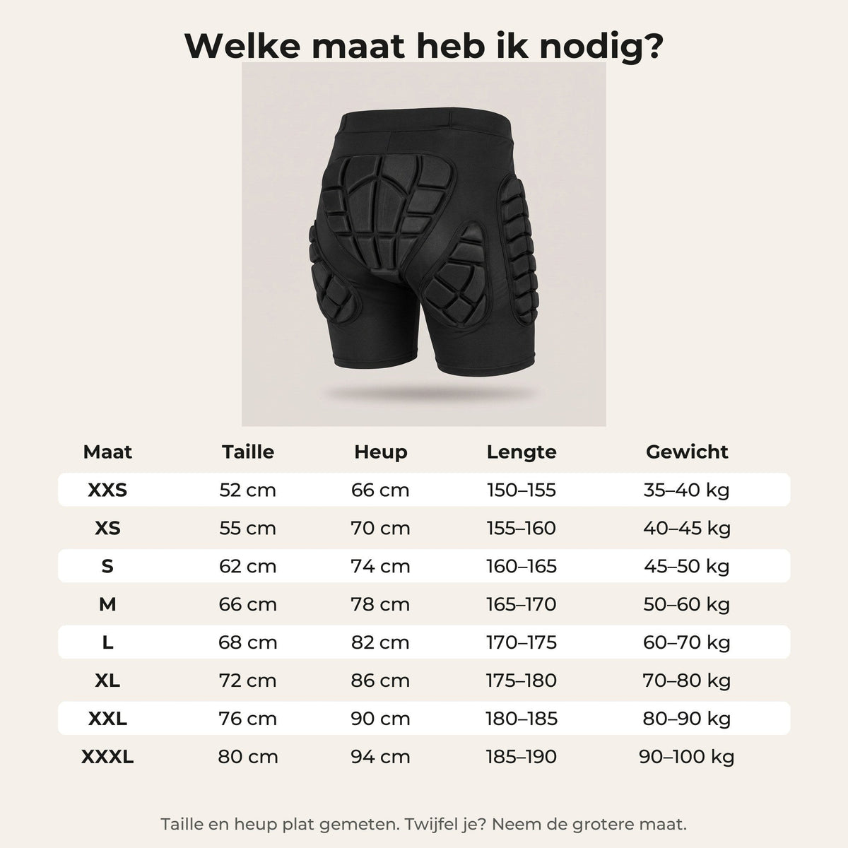 Maattabel van de valschort, maat XXS tot en met XXXL met taille, heup, lengte en gewicht