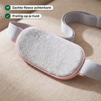 Achterkant van de warmteband met grijze fleece en de elastische band op een linnen ondergrond