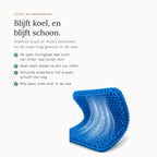 Doorsnede van het gebogen honingraatgel waar lucht doorheen loopt, met vier punten over koel blijven en de wasbare hoes