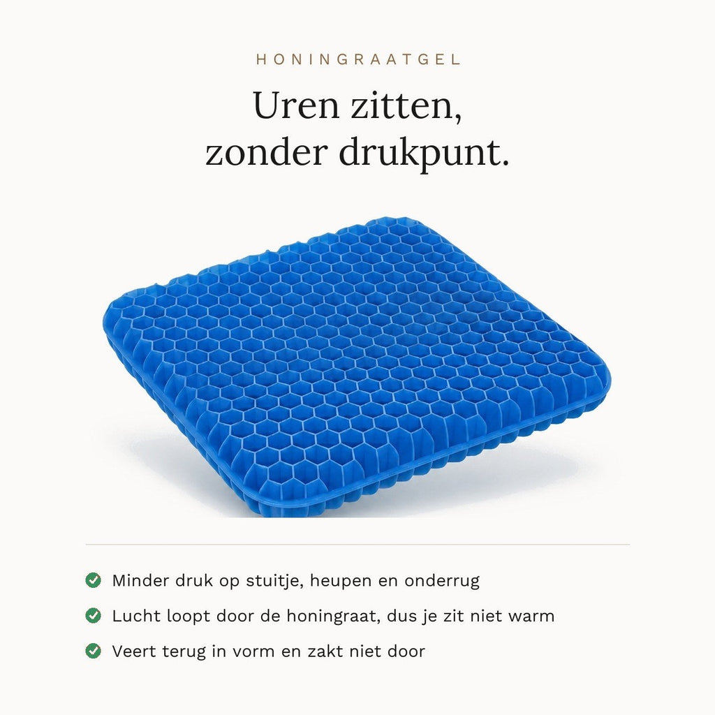 Blauw honingraat zitkussen op een crème achtergrond met de kop Uren zitten, zonder drukpunt en drie voordelen eronder