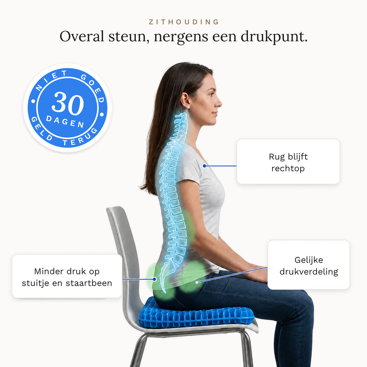 Vrouw zit op een stoel met het honingraat zitkussen, wervelkolom ingetekend, drie aanwijzingen en een zegel 30 dagen niet goed geld terug