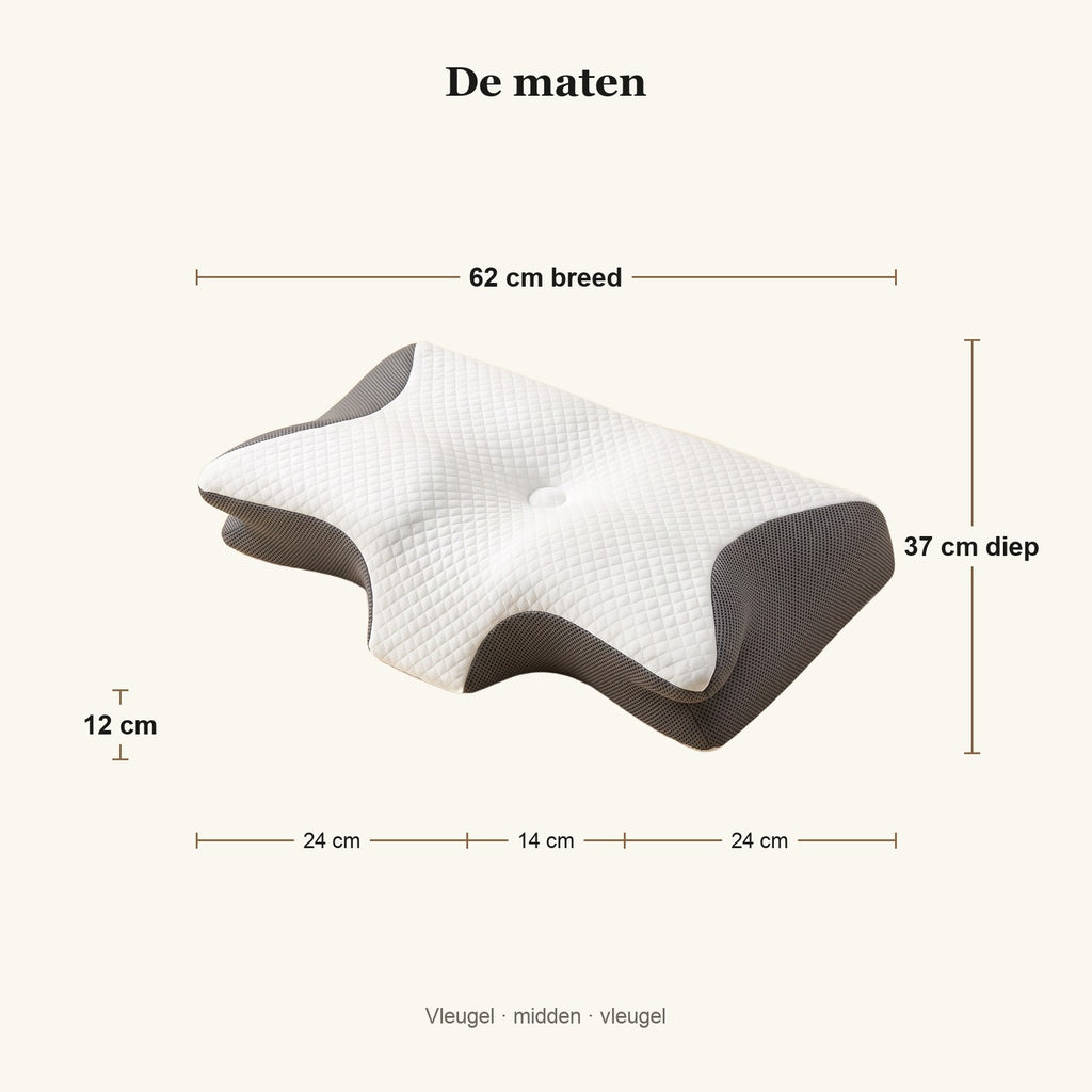 Maatbeeld van het vlinderkussen: 62 cm breed, 37 cm diep, 12 cm hoog, vleugels van 24 cm met een midden van 14 cm