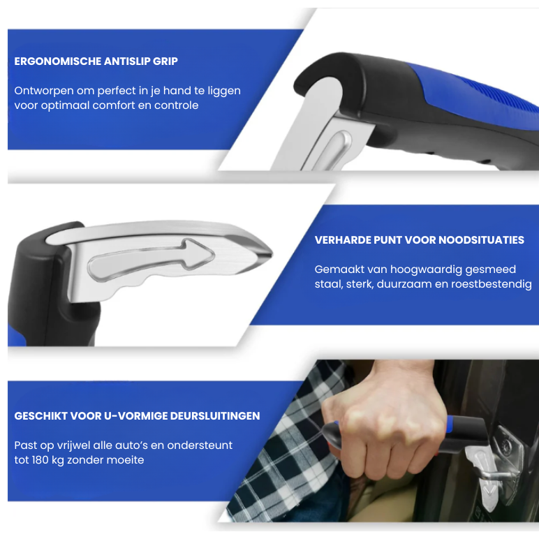 Drie details uitgelicht: de ergonomische antislip grip, de verharde punt voor noodsituaties en de pasvorm op een U-vormige deursluiting