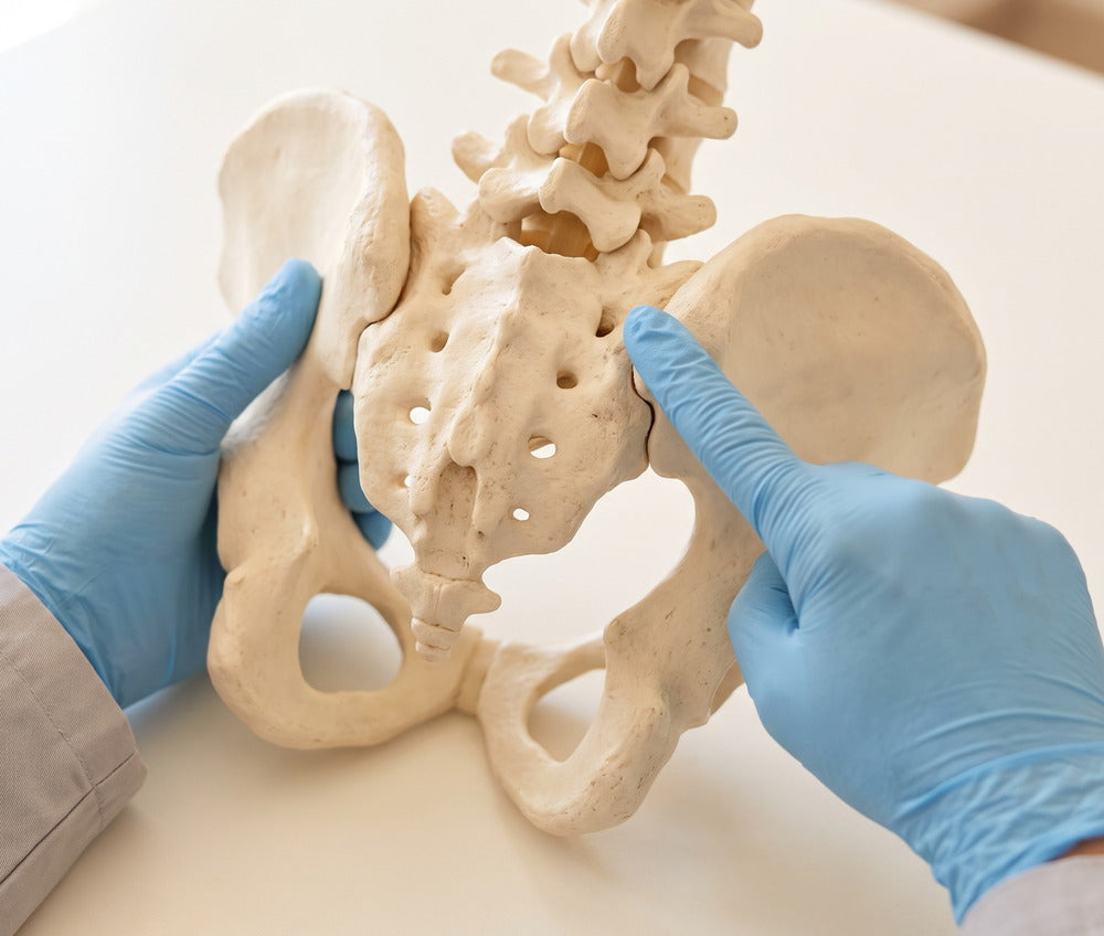 Hand in een handschoen wijst het SI-gewricht aan op een bekkenmodel