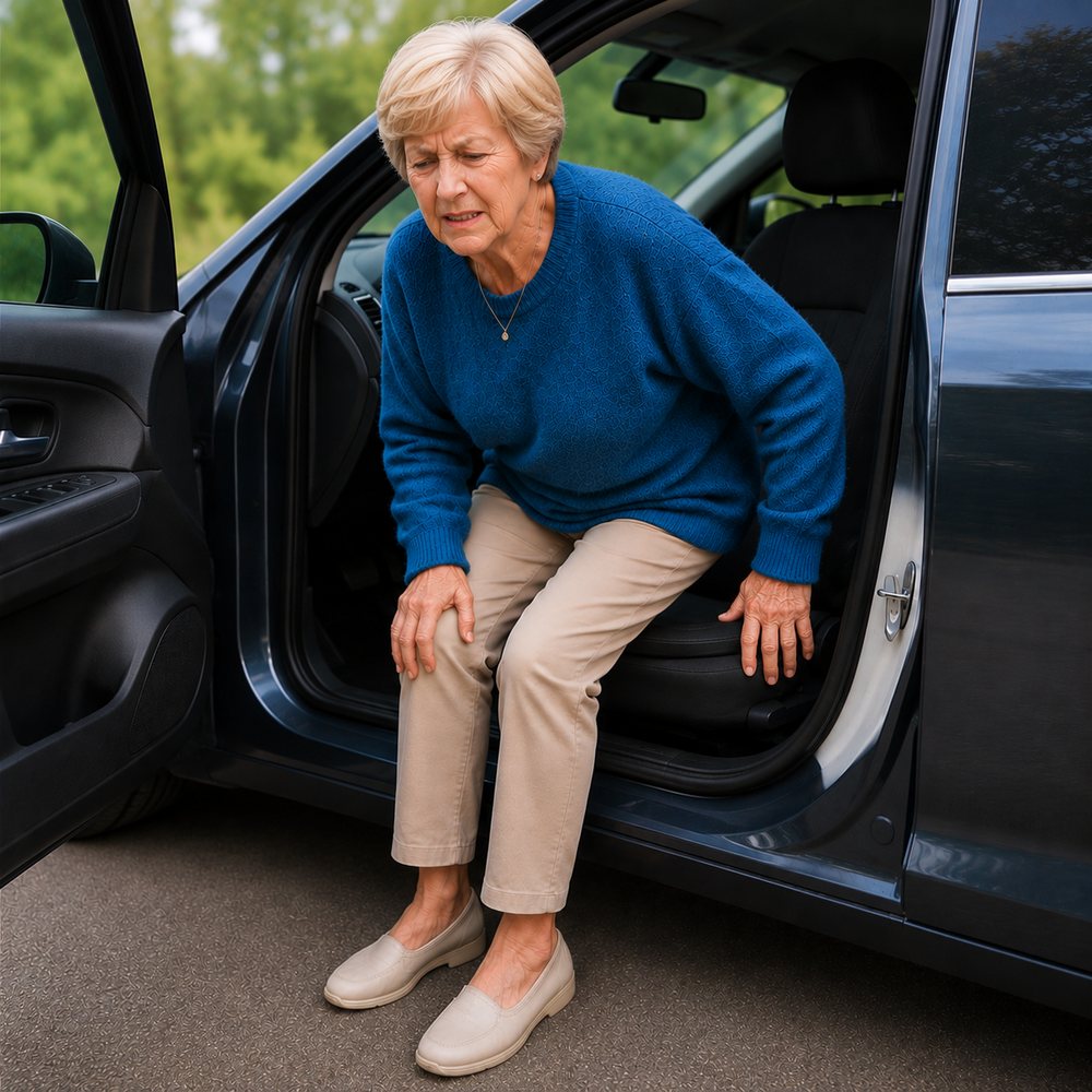 Oudere vrouw zit op de rand van de autostoel en duwt zich met een hand op haar knie omhoog, met een pijnlijk gezicht