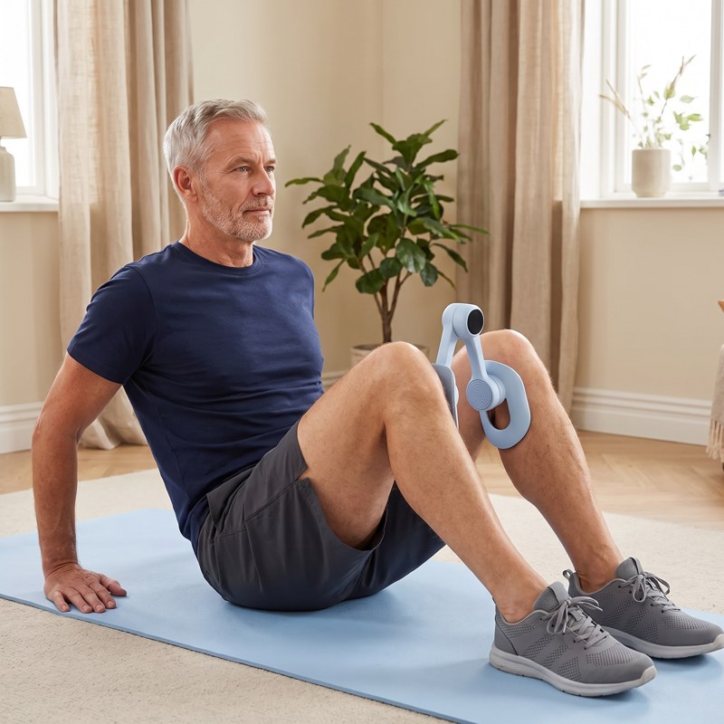 Man op een matje in de woonkamer met de trainer tussen zijn knieën