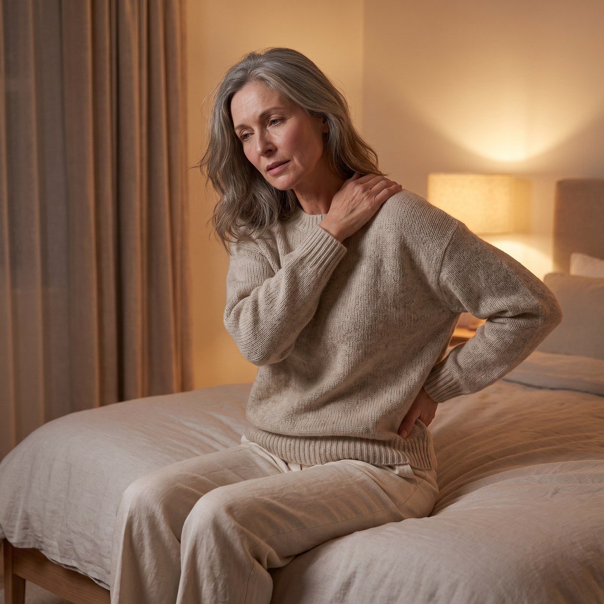 Vrouw op de rand van haar bed die 's avonds moe haar bh losmaakt en over haar schouder wrijft