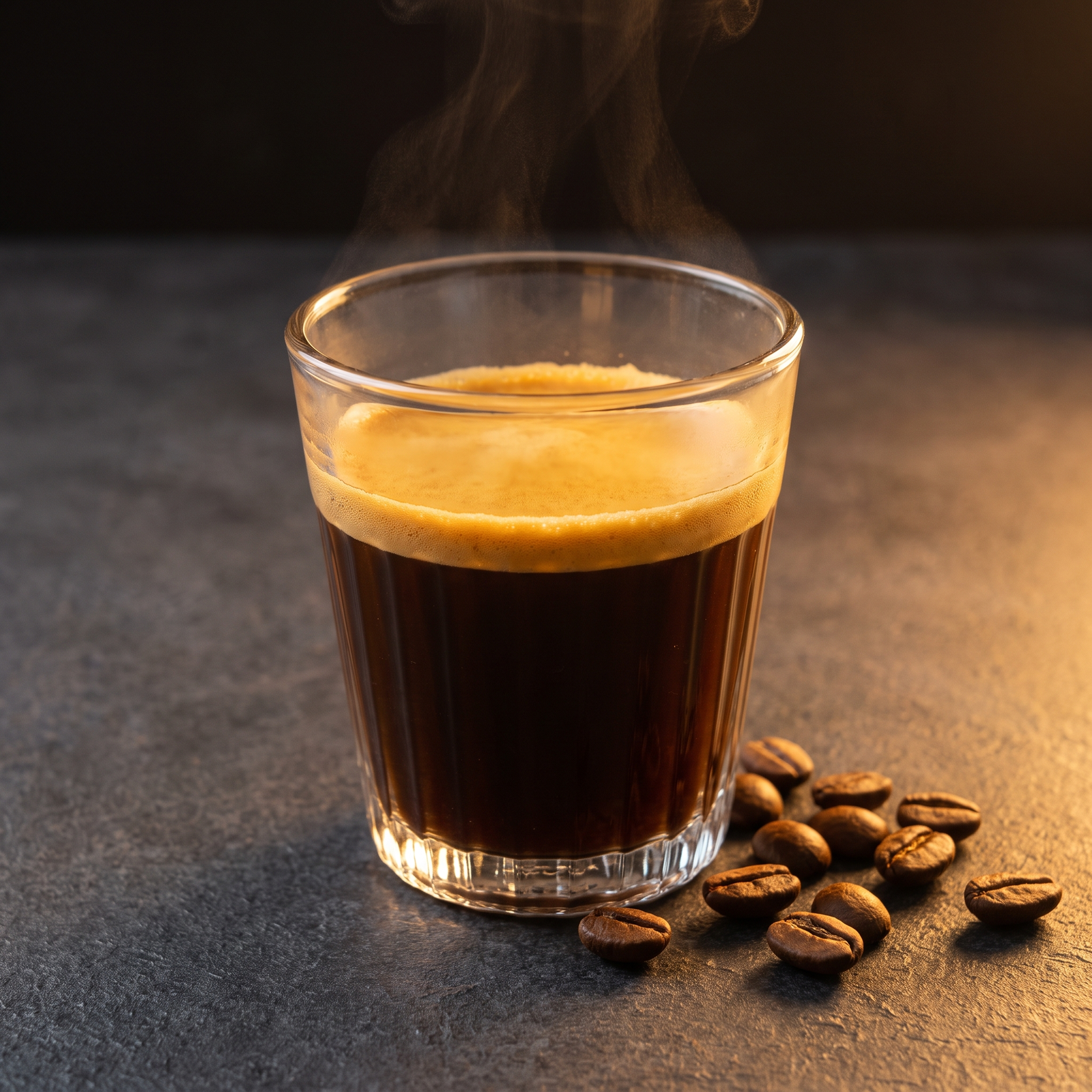 Geribbeld glas met verse espresso en een goudbruine crema, met stoom erboven