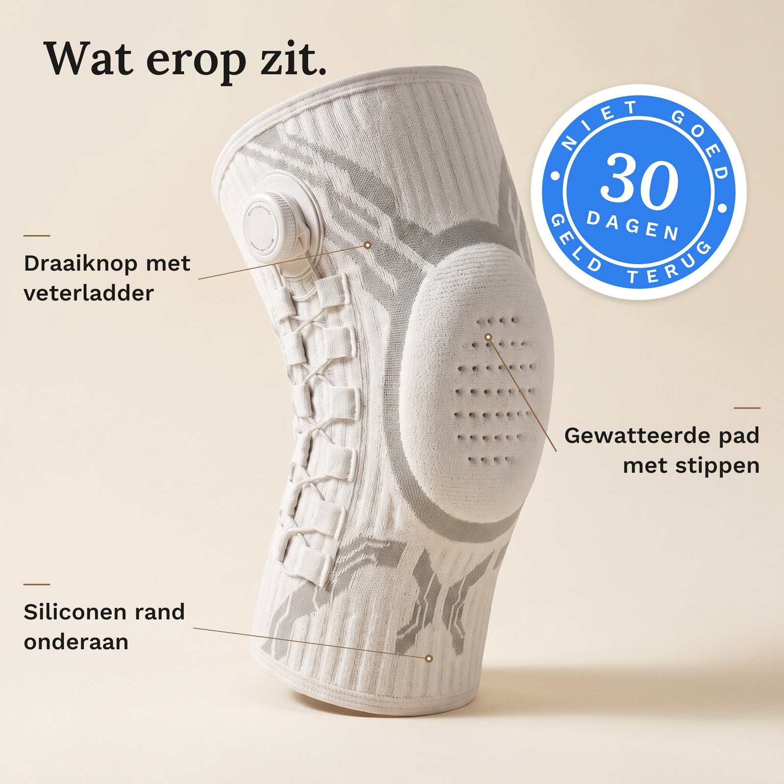 De knop trekt de koorden gelijkmatig aan.