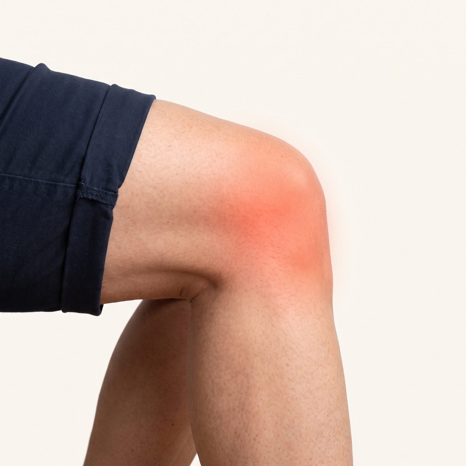 Gebogen knie zonder brace, met de knieschijf rood ingekleurd op de plek waar de druk samenkomt