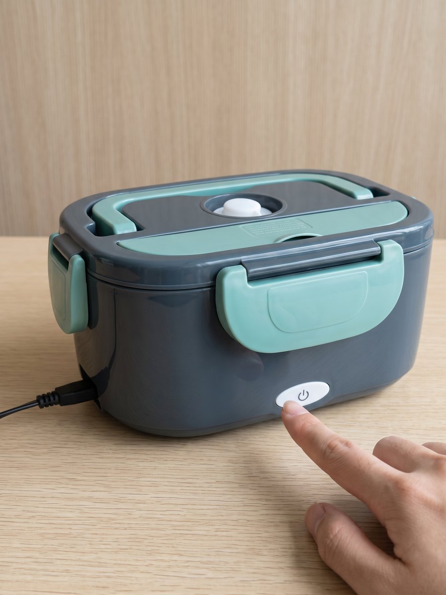Vinger drukt op de witte aan-knop aan de voorkant van de lunchbox