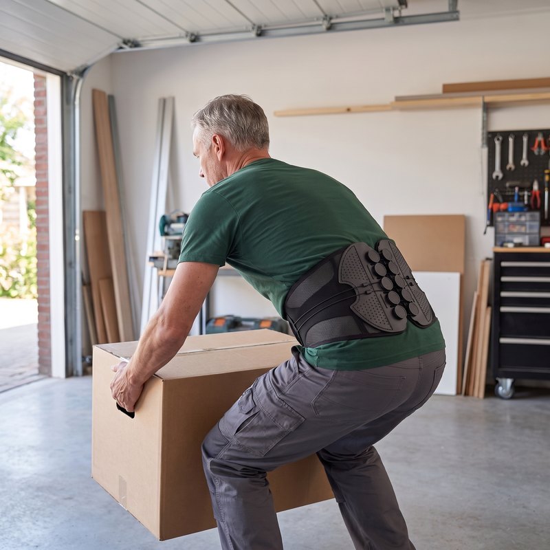 Man van rond de 50 tilt een verhuisdoos in de garage met de rugbrace om