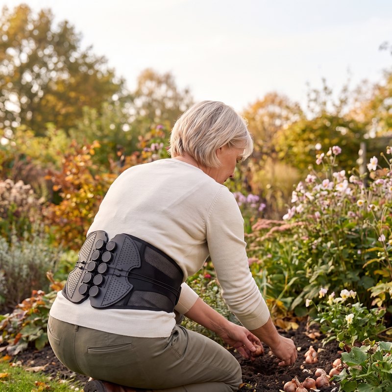 Vrouw van rond de 60 plant bloembollen in de tuin met de rugbrace om