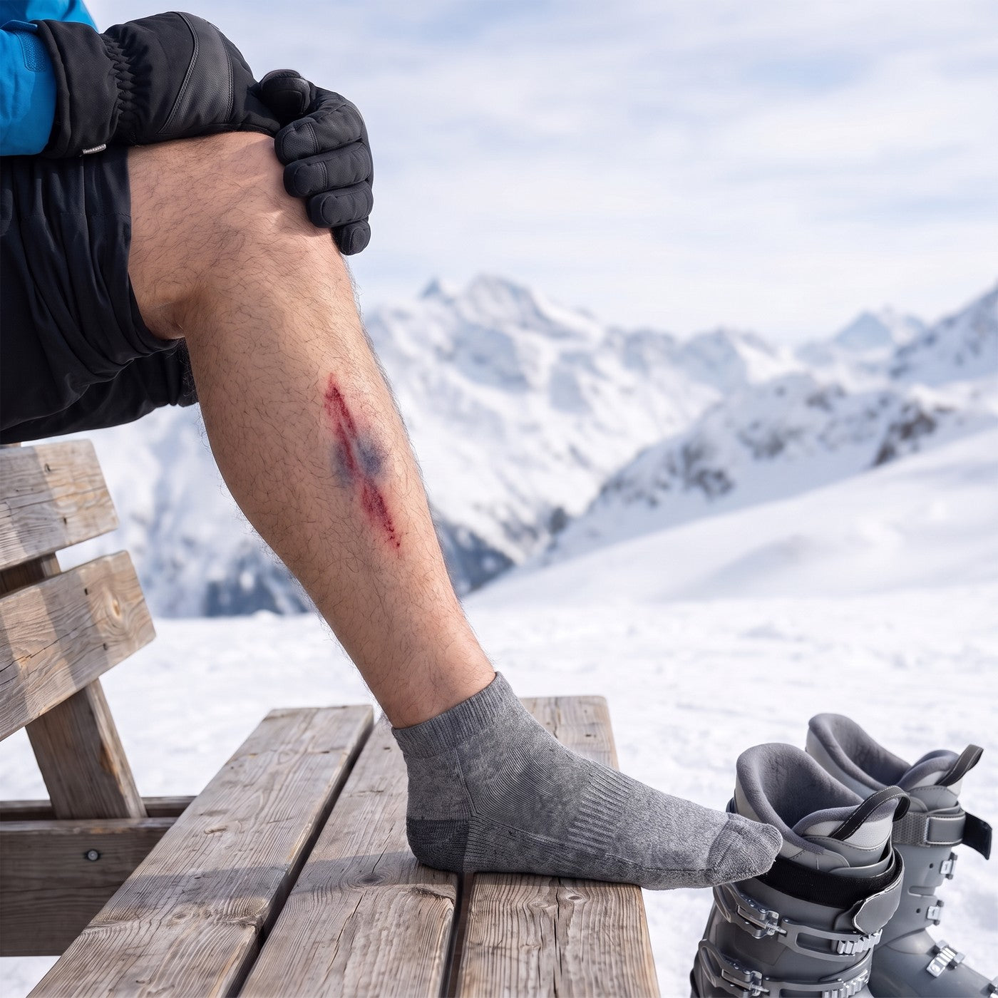 Rode drukplek met een blauwe streep op de voorkant van het scheenbeen, skiër zittend op een houten bank in de sneeuw
