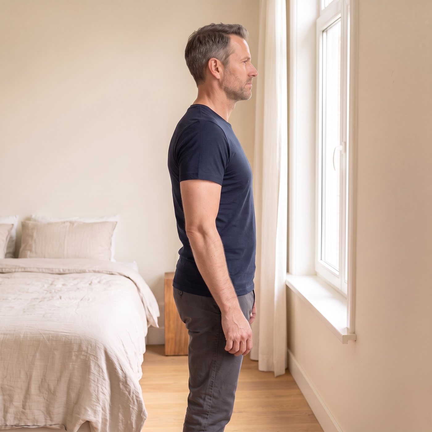 Dezelfde man in hetzelfde T-shirt met het shaping shirt eronder, platte buik en rechte houding