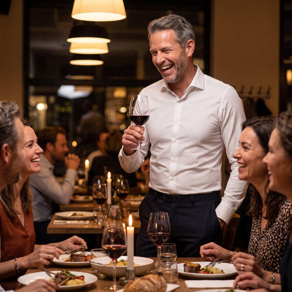Dezelfde man lachend aan tafel met vrienden, zijn witte overhemd ligt glad over zijn buik