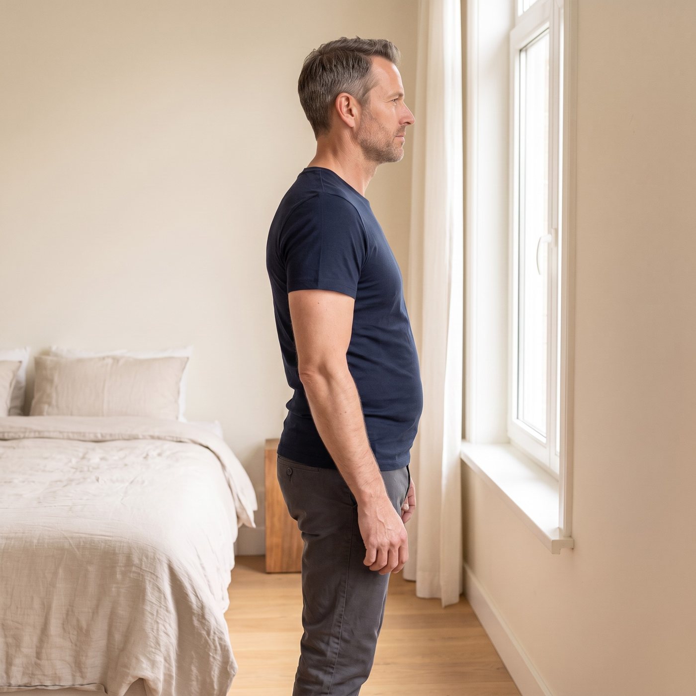 Man in zijaanzicht in een blauw T-shirt zonder shaping shirt, de buik duwt het T-shirt naar voren