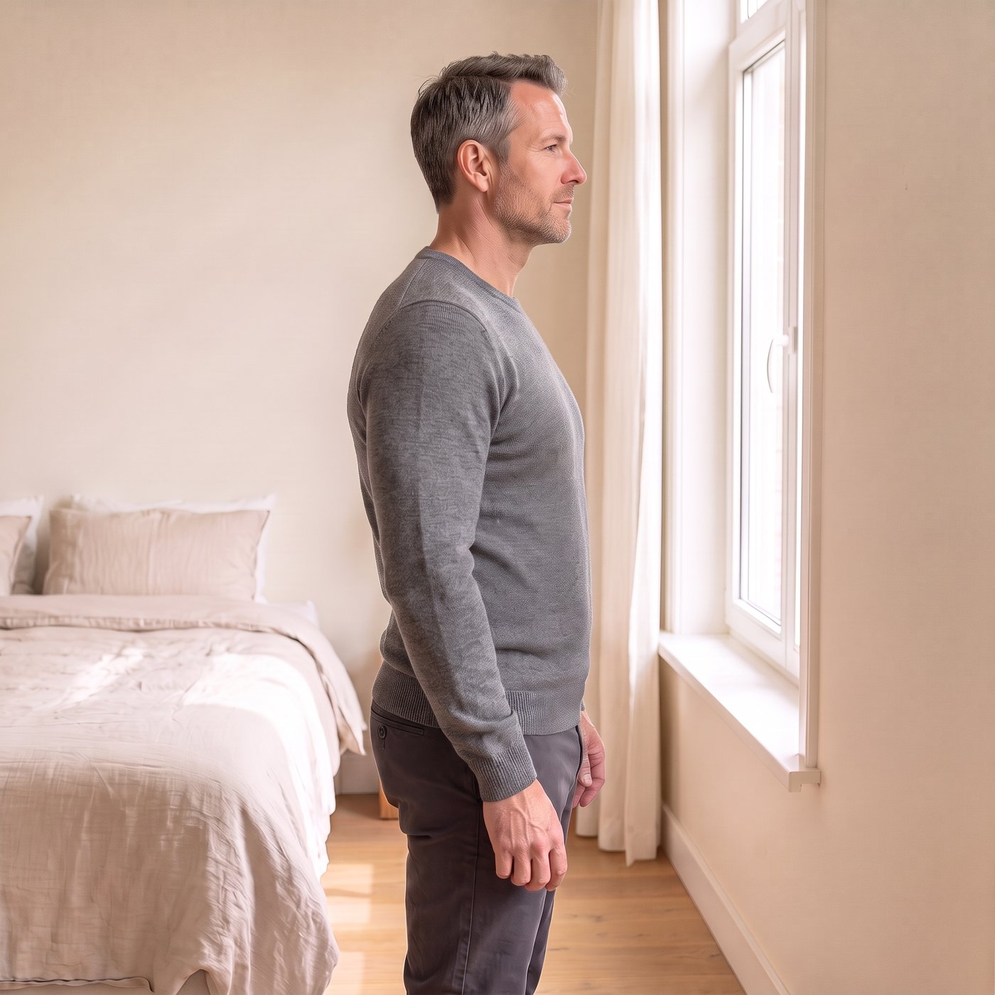 Dezelfde man in dezelfde trui met het shaping shirt eronder, plattere buik en rechte houding