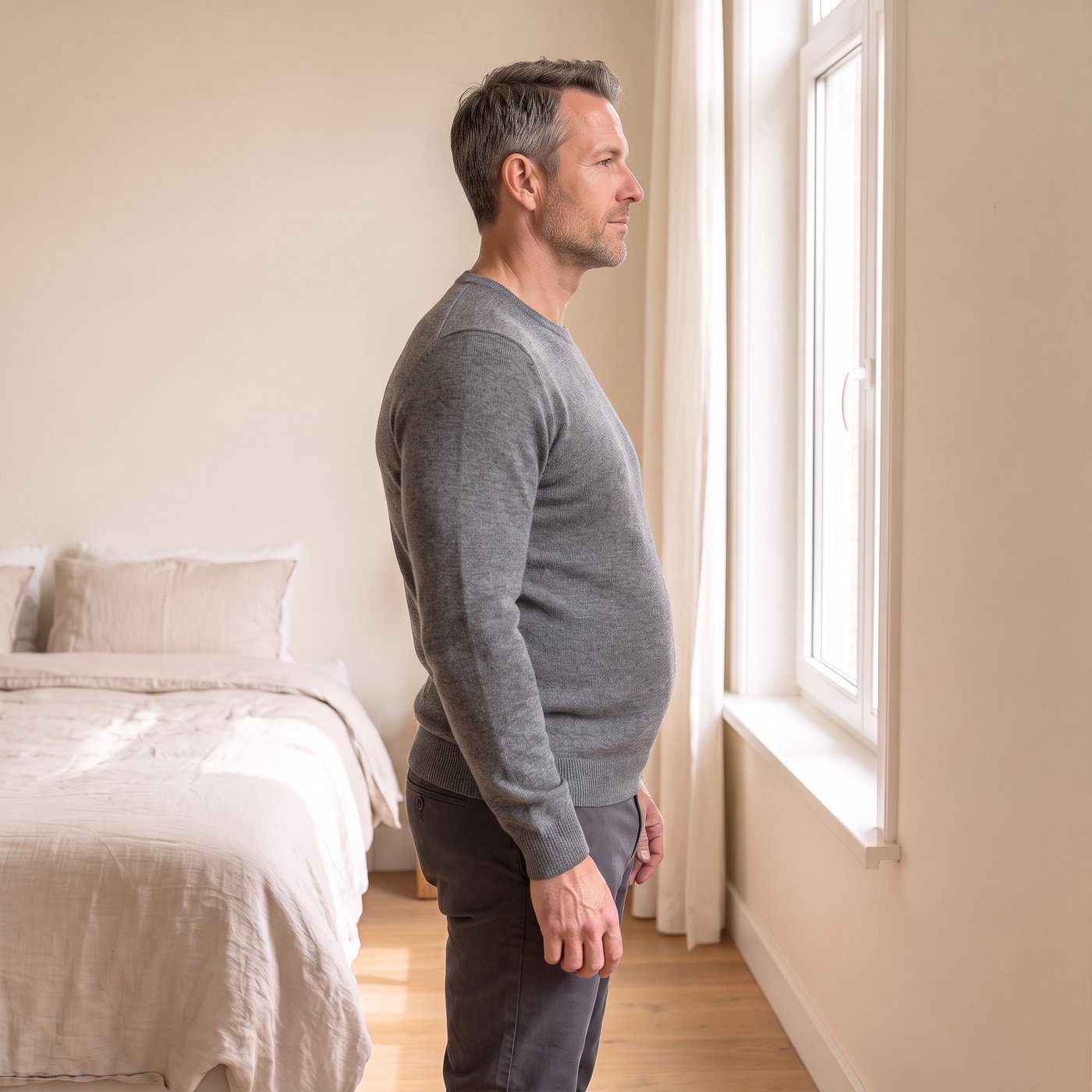 Man in zijaanzicht in een grijze trui zonder shaping shirt, de buik duwt de trui naar voren