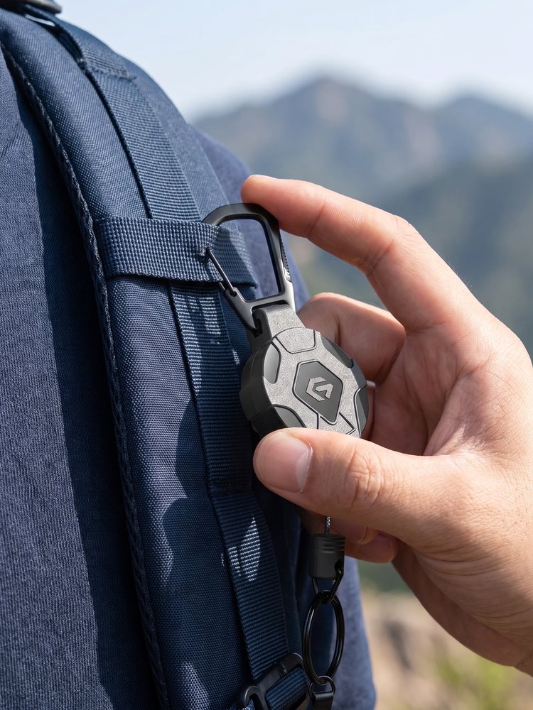 Hand klikt de karabiner van de koordrol aan de schouderband van een rugzak